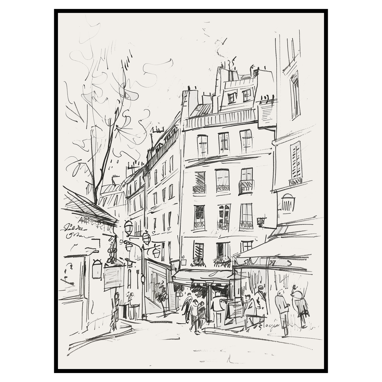 Charming Paris Street Scene Sketch - Minimalist Urban Decor