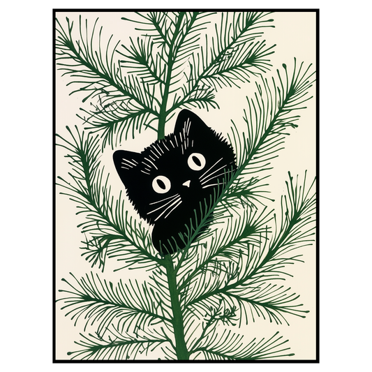 Whimsical Christmas Cat in Tree Art Print - Festive Minimalist Wall Decor