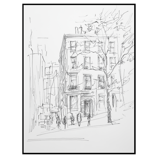 Charming Upper West Side Street Sketch - Minimalist Urban Artwork
