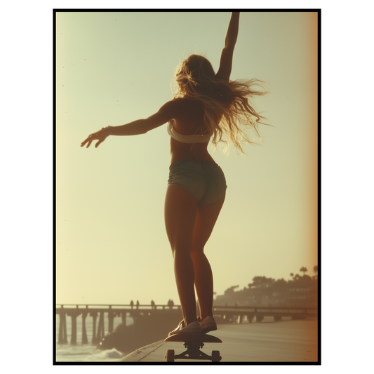 Sunset Skater Girl Art Print - Coastal Surf Vibes