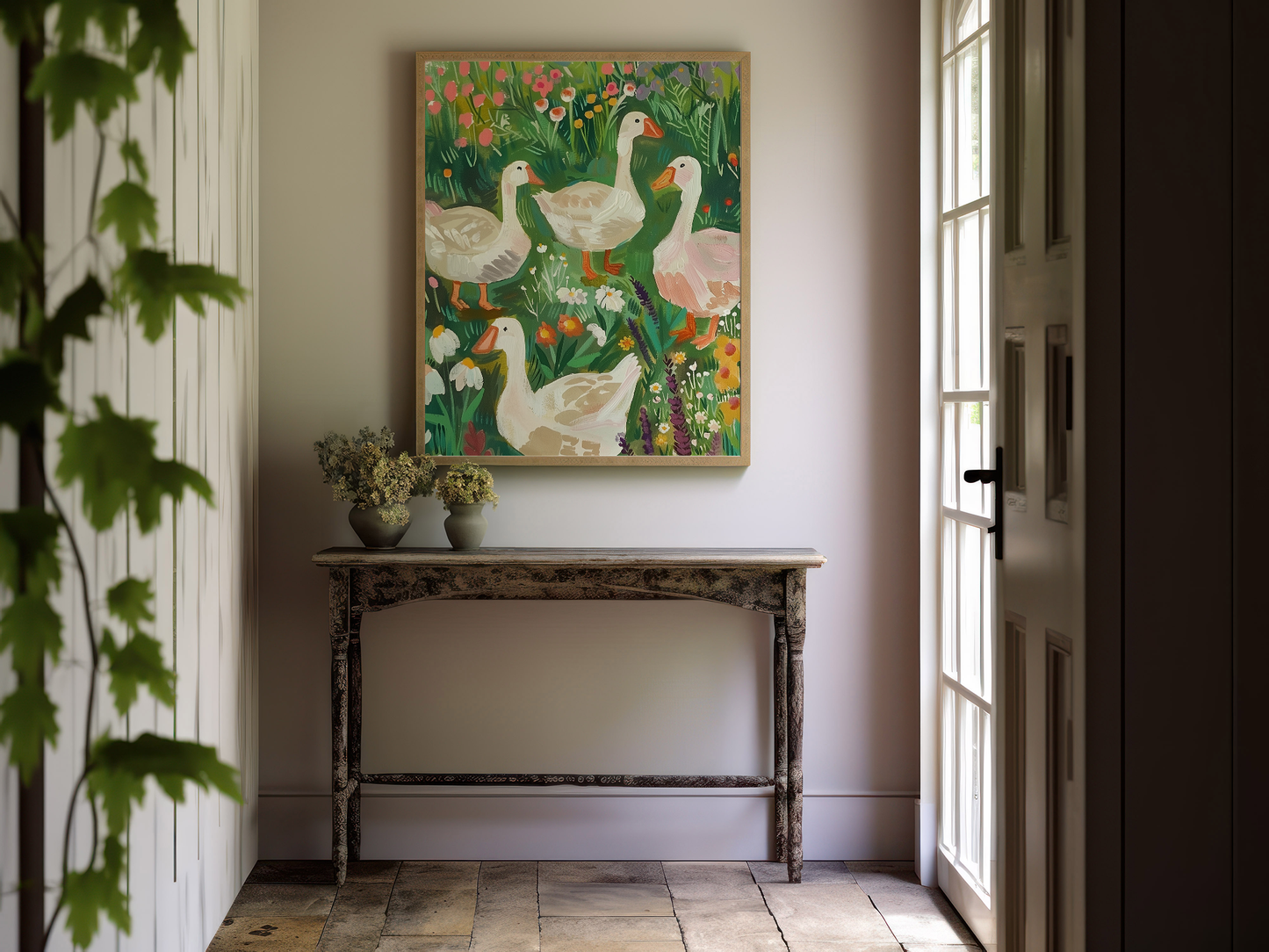 Whimsical Farmhouse Duck Art Print - Spring Floral Geese Painting