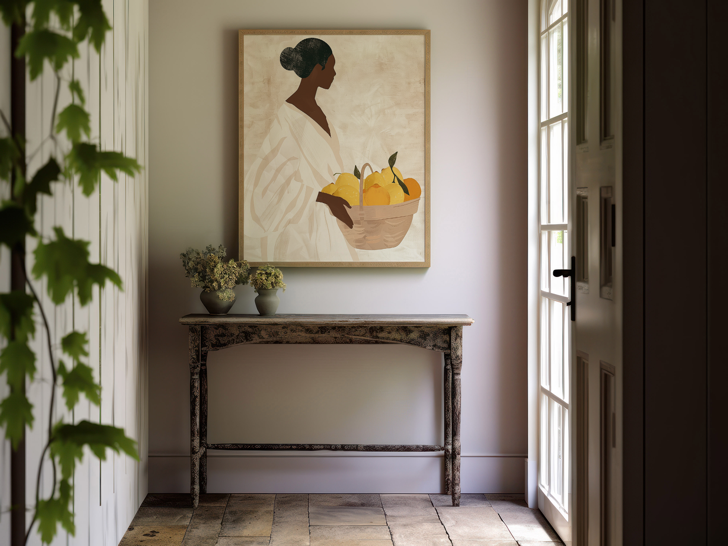 Elegant Minimalist Woman with Lemons Art Print - Neutral Wall Decor